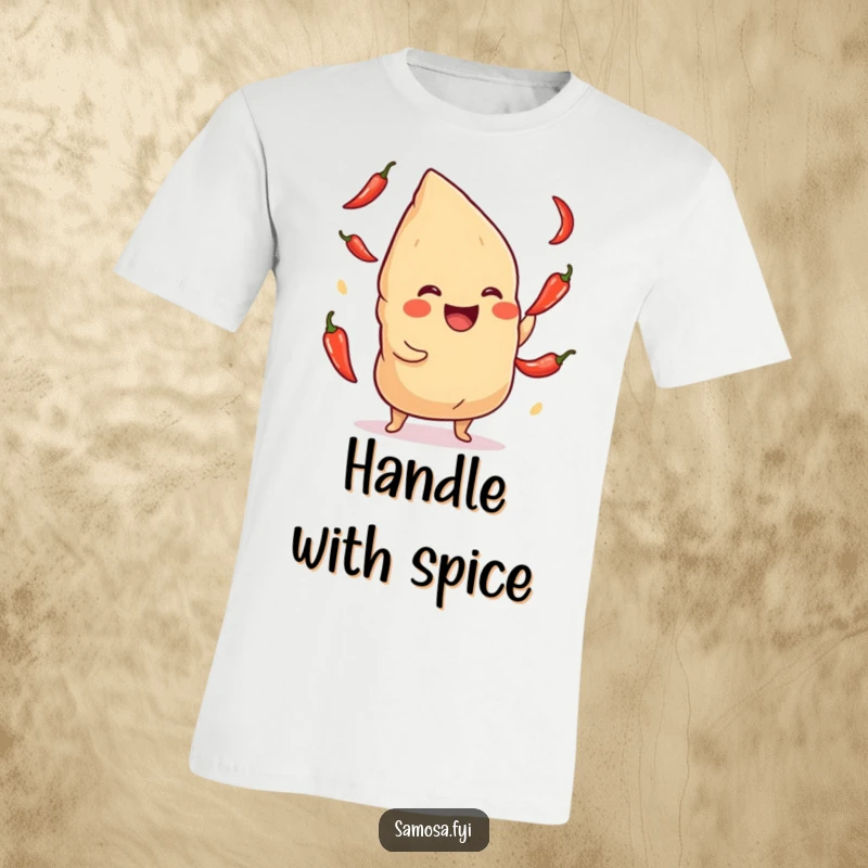 Funny Samosa T-Shirt: A humorous graphic tee with a samosa giggling as it juggles tiny chili peppers, full of zest.
