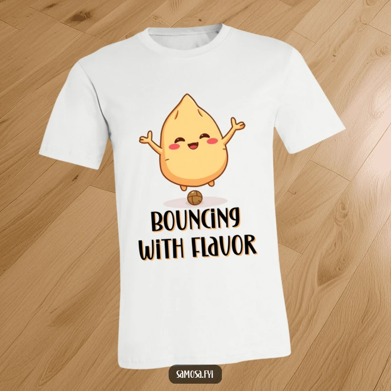 Funny giggling samosa t-shirt featuring a character bouncing a lentil like a ball, perfect for a foodie.