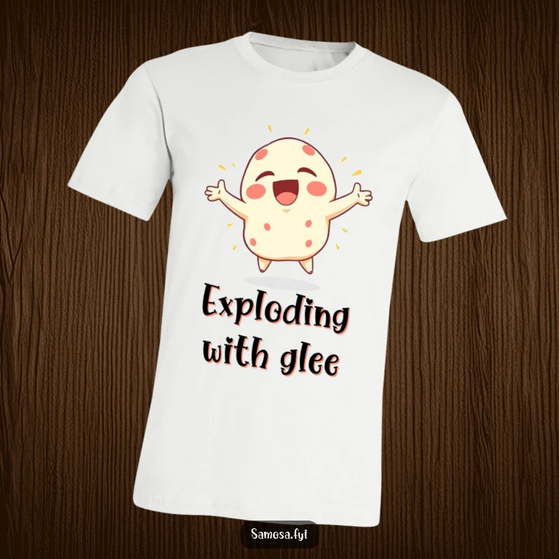 Funny Samosa T-Shirt showcasing a samosa character expressing extreme joy with wildly flailing arms in a moment of pure elation.