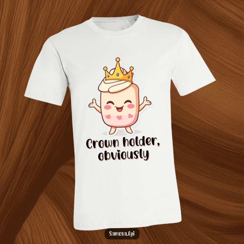 Funny t-shirt showcasing a pastry character majestically wearing a crown and striking a proud, goofy pose, full of personality.