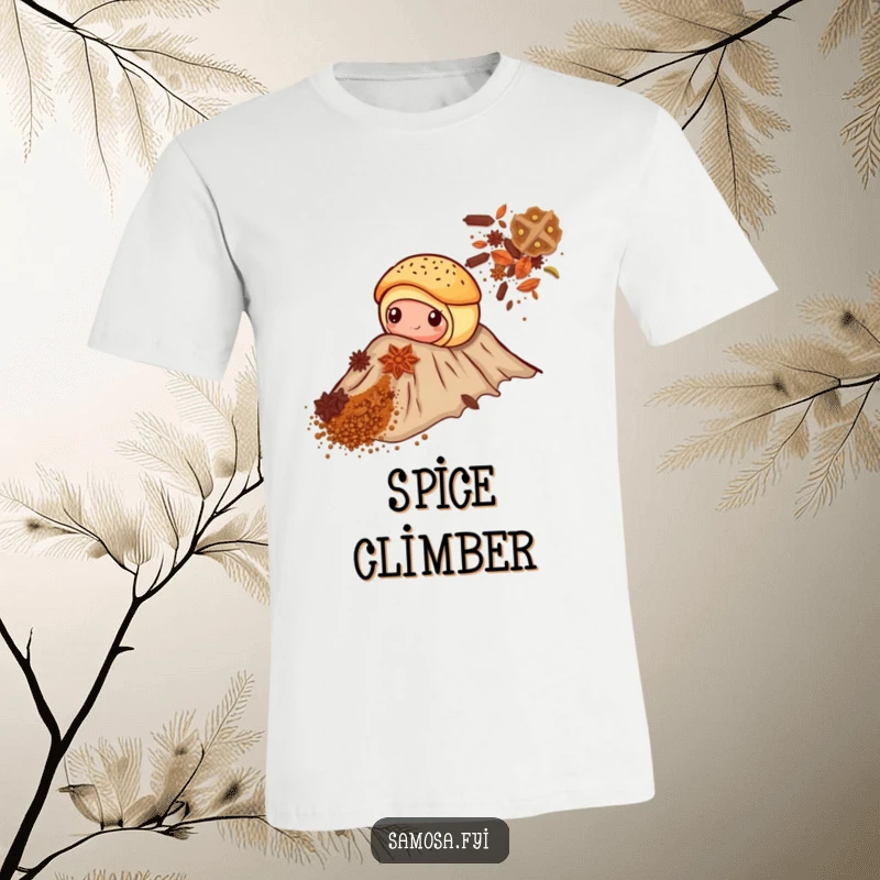 Funny t-shirt with a brave pastry climbing a spice mountain, showing determination and a humorous struggle.