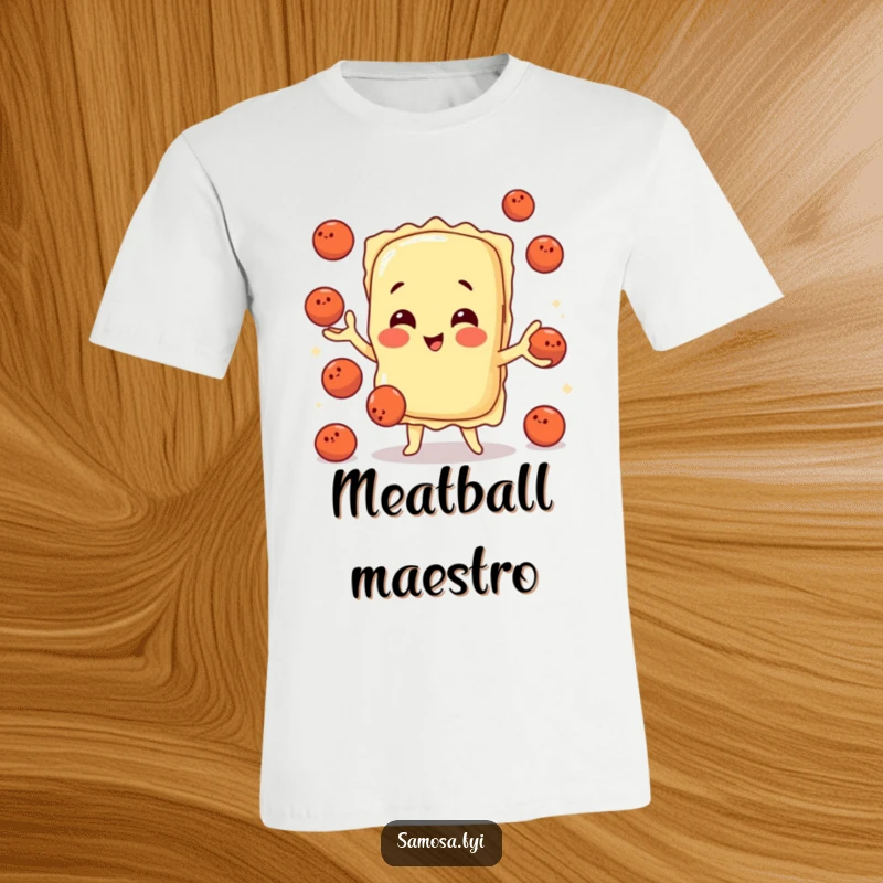 A charming ravioli character skillfully juggling small meatballs on a t-shirt, showcasing playful kitchen antics.