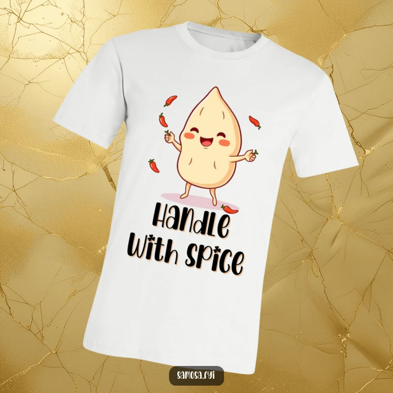 Funny T-Shirt: A cheerful samosa character juggling multiple tiny red chili peppers, bringing laughter and spice.
