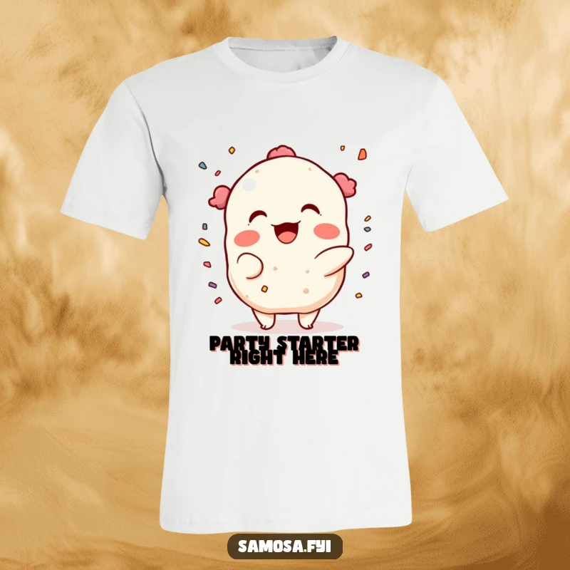 Funny T-Shirt: A samosa character gleefully throwing confetti with a mischievous grin, embodying pure party energy.