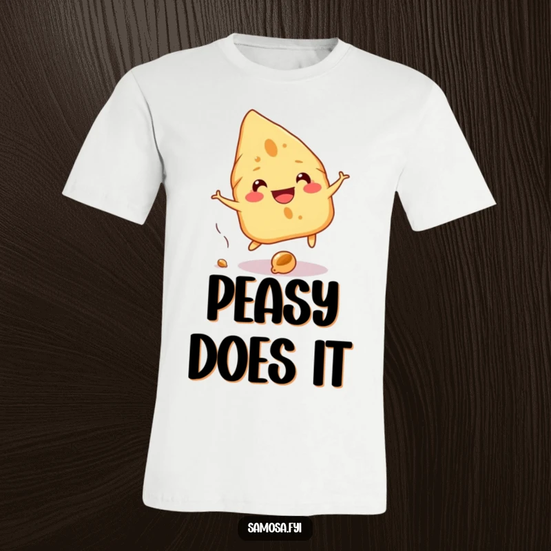 Funny Samosa T-Shirt depicts a cheerful samosa grinning while playfully dodging a falling chickpea, ideal for humor enthusiasts.