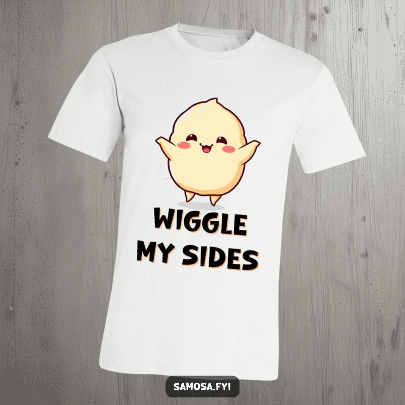 Funny Samosa T-Shirt featuring a joyful samosa character doing a happy dance with visibly wiggling sides, radiating pure excitement.