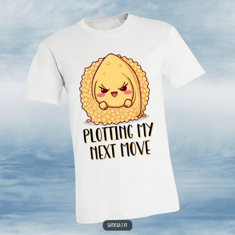 Funny samosa character with a mischievous grin, hiding behind a giant couscous grain, printed on a t-shirt.