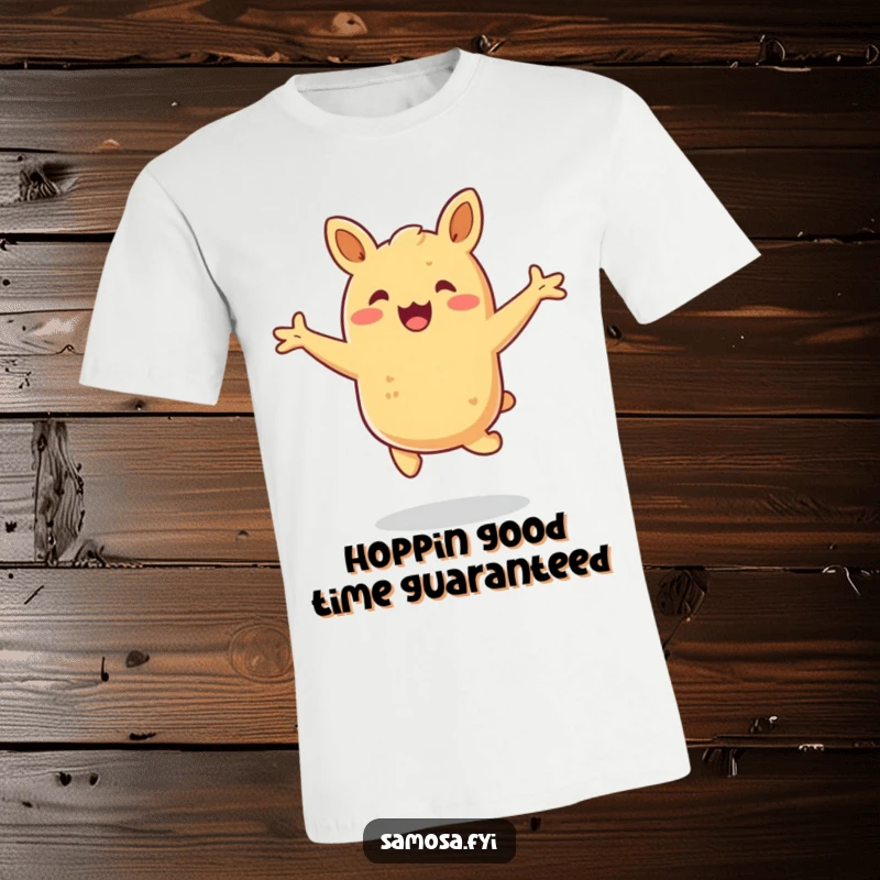 Funny samosa t-shirt depicting a happy pastry energetically hopping with arms outstretched, radiating pure excitement and joy.
