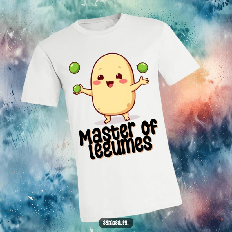 Funny t-shirt with a happy samosa character expertly juggling three small peas, showcasing joy and great coordination.