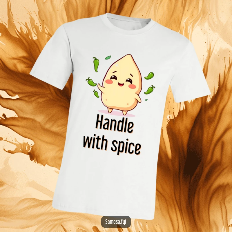 Funny Samosa Juggling T-Shirt: A smiling samosa character impressively juggling several tiny green chili peppers, radiating confidence and spicy fun.