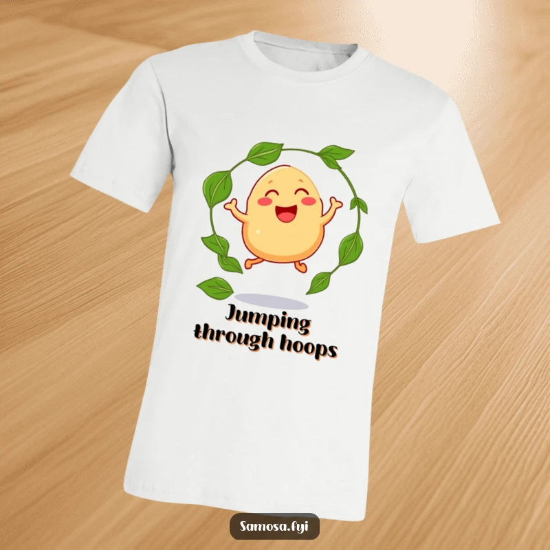 Funny t-shirt depicting a laughing samosa with legs, leaping with excitement through a hoop crafted from fragrant curry leaves.