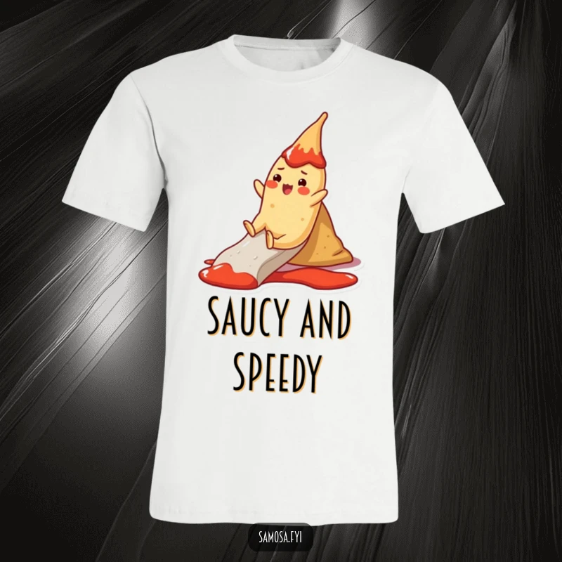 Funny T-Shirt: A cheerful samosa character slides down a ketchup slide, capturing a moment of pure joy.