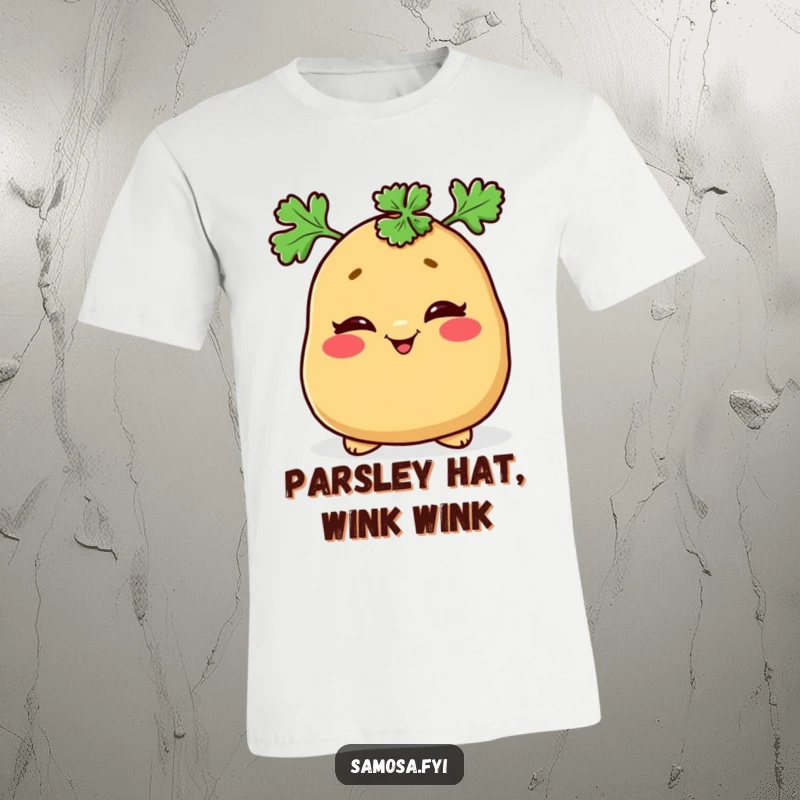 Funny t-shirt depicting a cheeky samosa winking with a parsley hat perched jauntily on its head.