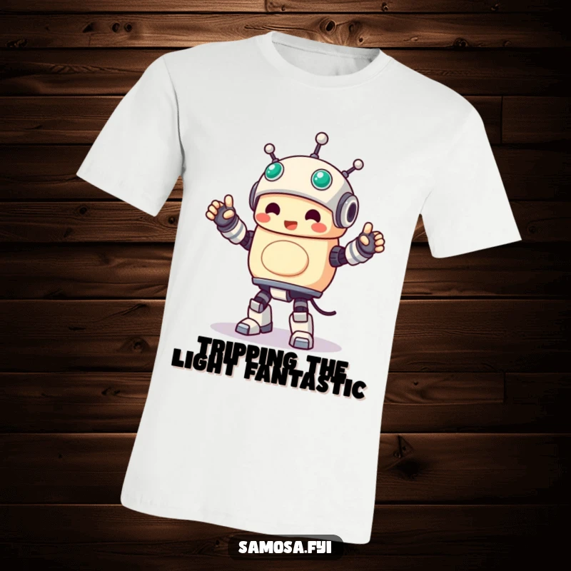 Funny T-Shirt showcasing a samosa character in a stiff, happy robot dance pose, perfect for snack enthusiasts.