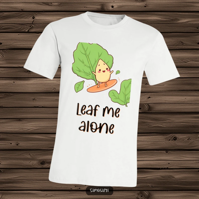 Funny t-shirt depicting a happy samosa with tiny legs, skillfully surfing atop a large spinach leaf like a surfboard.