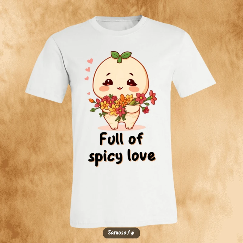 Funny samosa t-shirt featuring a blushing character holding a bouquet of spice flowers, perfect for expressing sweet sentiment.