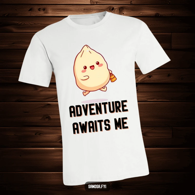 Funny t-shirt of a samosa joyfully skipping with a small bag, perfect for those who love a good snack and a laugh.