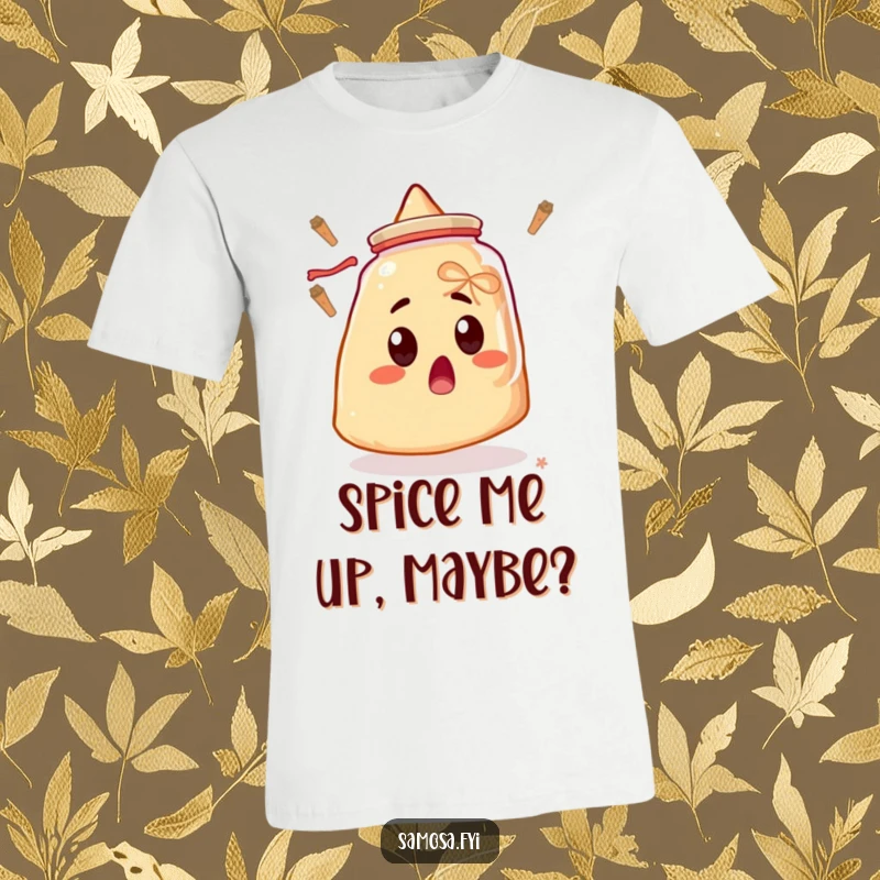 Funny t-shirt showcasing a surprised samosa with wide eyes, looking shocked at a hovering spice jar, a perfect culinary comedy scene.
