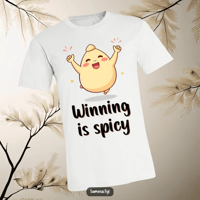 Funny samosa t-shirt depicting a plump samosa character mid-hop in a victorious celebratory dance, full of energy and happiness.