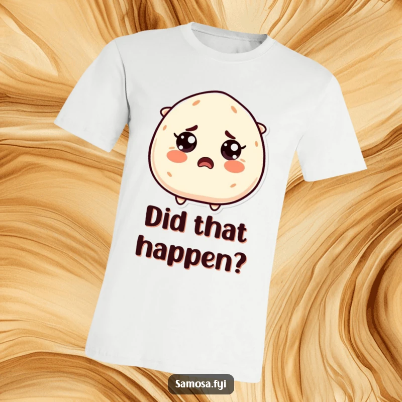 Funny Startled Samosa T-Shirt: A samosa character with comically large, surprised eyes, embodying a moment of pure, unfiltered astonishment.