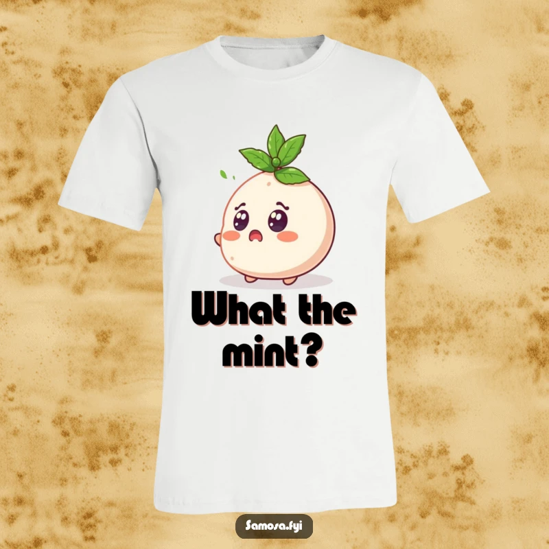 Funny Surprised Samosa T-Shirt features a samosa character looking shocked with wide eyes as a mint leaf flies by.