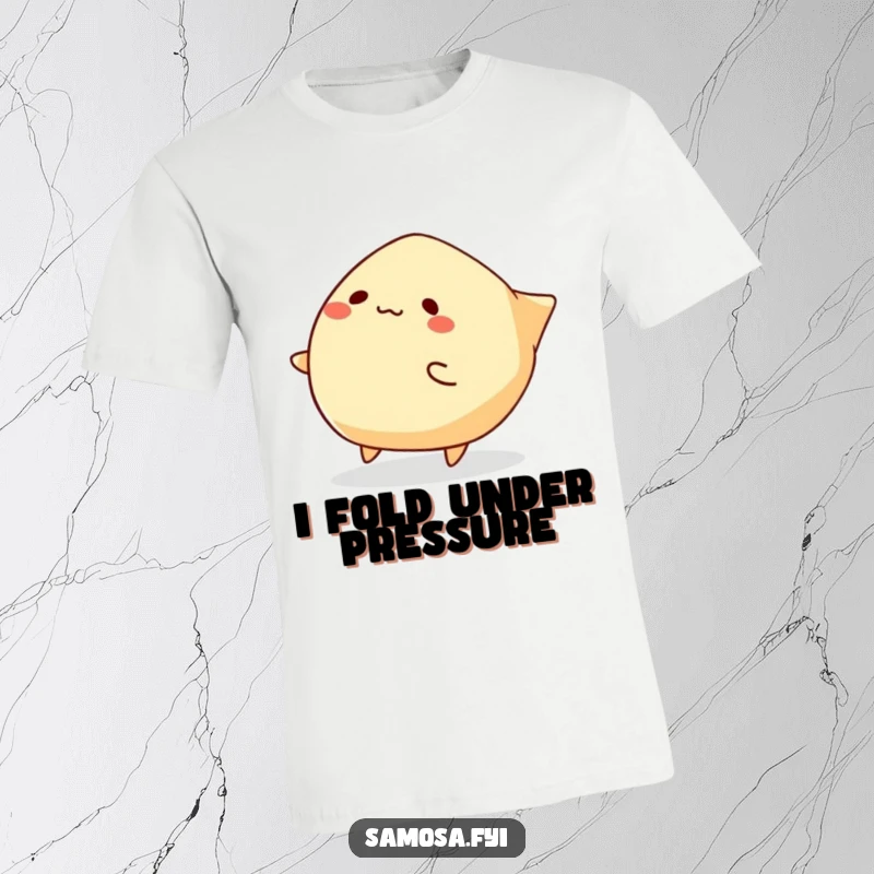 Funny Samosa T-Shirt displaying a samosa character hilariously tripping over its own folded edges, embodying comical misfortune.