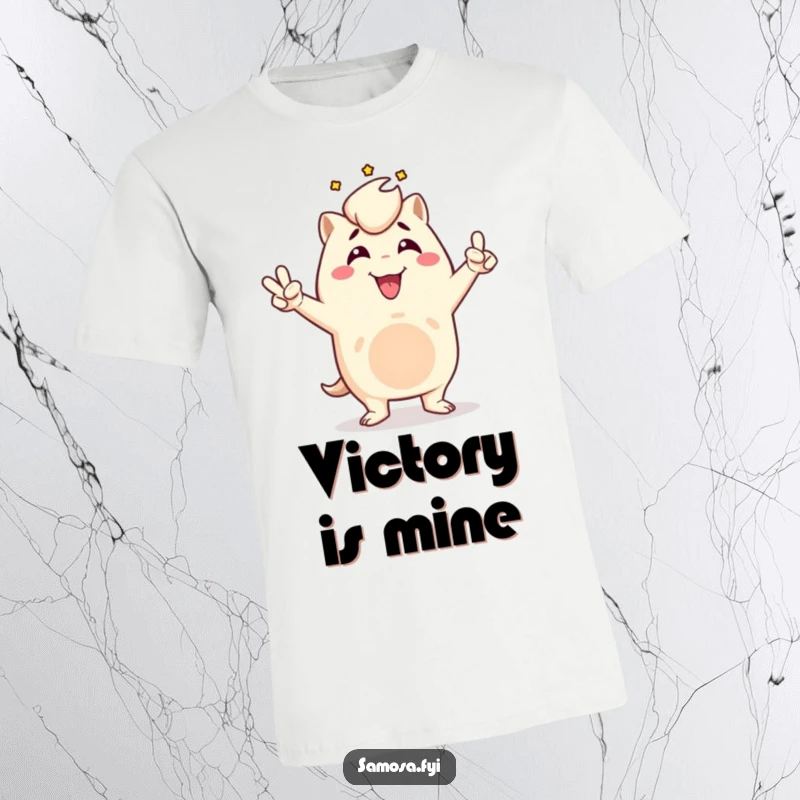 Funny samosa t-shirt depicting a triumphant samosa character in a victory pose, radiating confidence and celebration, a humorous apparel gift.