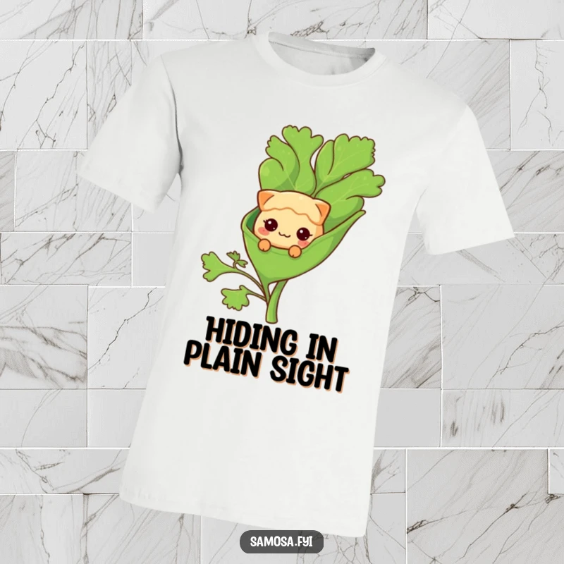 Funny T-Shirt: A shy samosa character is peeking out from a huge coriander leaf, adorable and funny.
