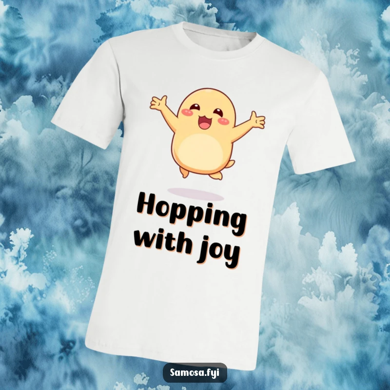 Funny happy samosa t-shirt depicting a samosa hopping with arms outstretched in pure excitement, a wearable celebration of flavor.