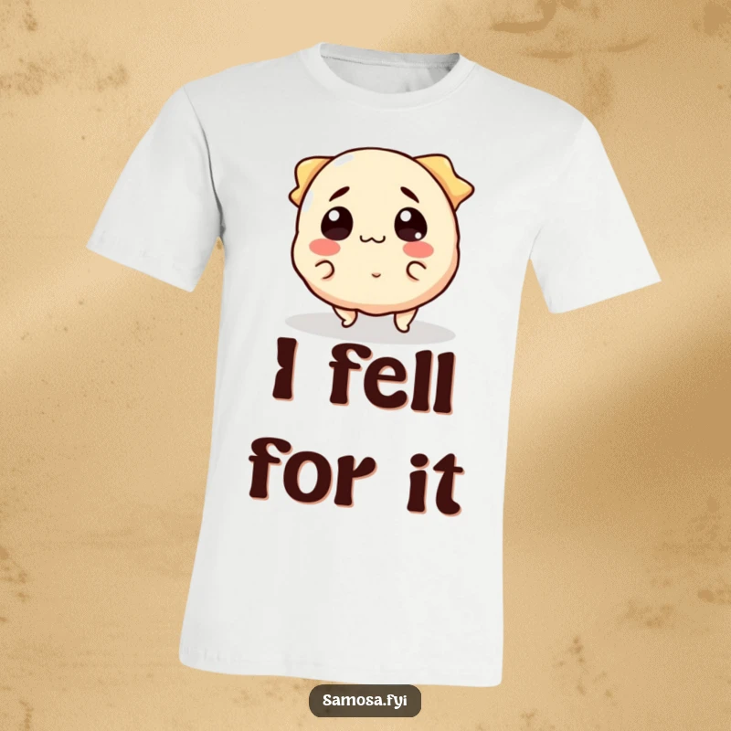 Funny T-Shirt featuring a smiling samosa character comically tripping over its edges in surprise.