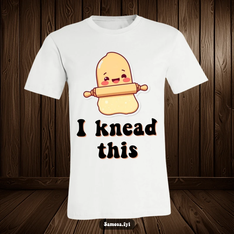 Funny Rolling Pin T-Shirt depicts a delighted rolling pin character actively rolling out a small piece of dough.