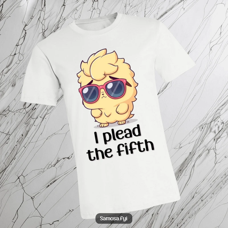 Funny T-Shirt featuring a samosa character wearing large sunglasses and shrugging innocently, exuding cool mystery.