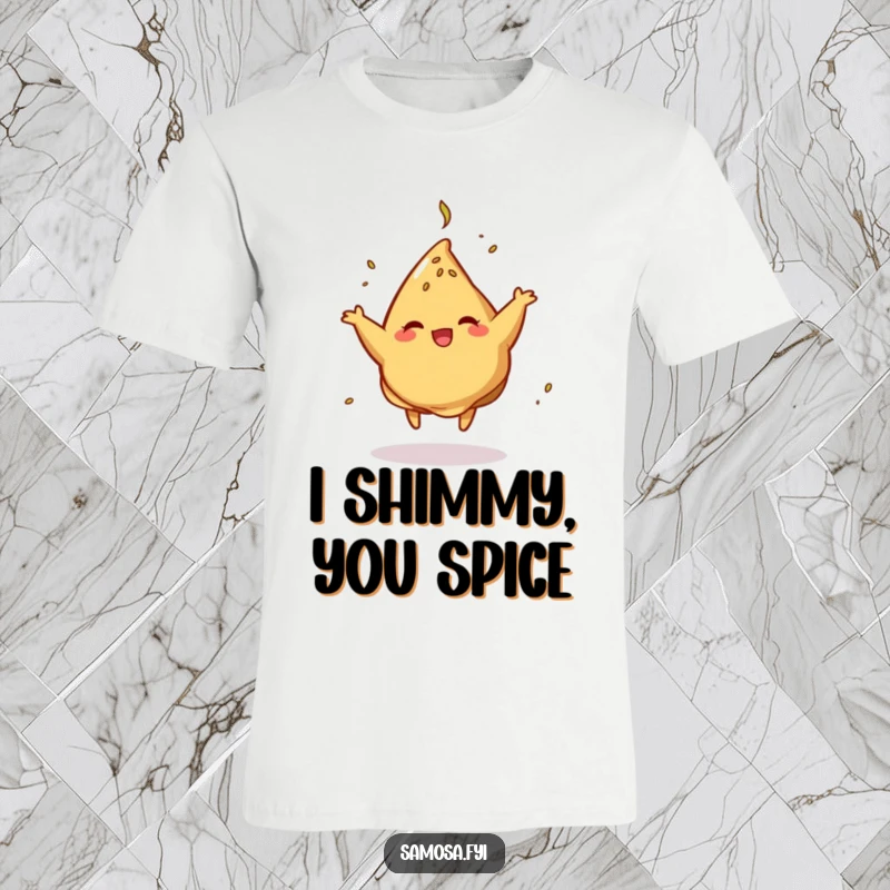 Funny T-Shirt featuring a samosa doing a joyful dance with cumin sprinkles, perfect for spicy food enthusiasts.