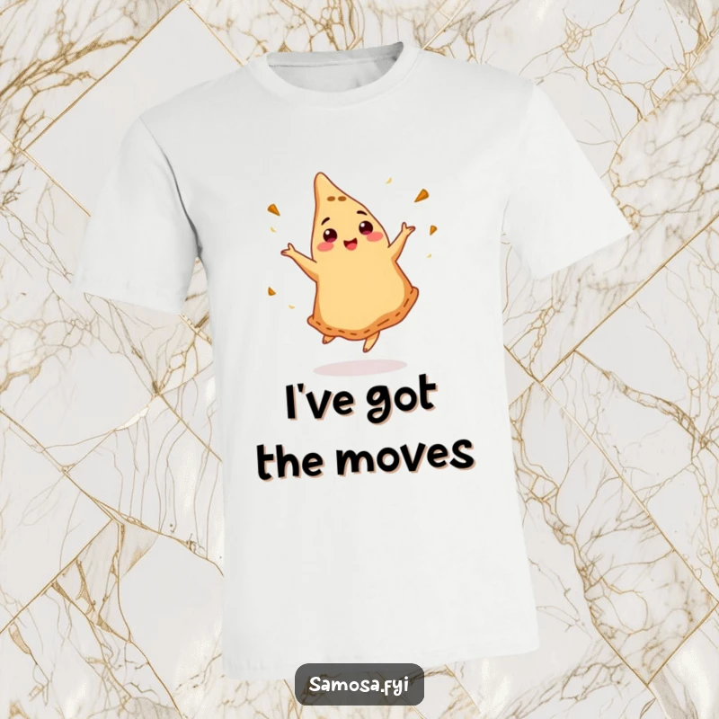 Funny t-shirt with a dancing samosa sprinkling cumin, ideal for foodies and celebrations.