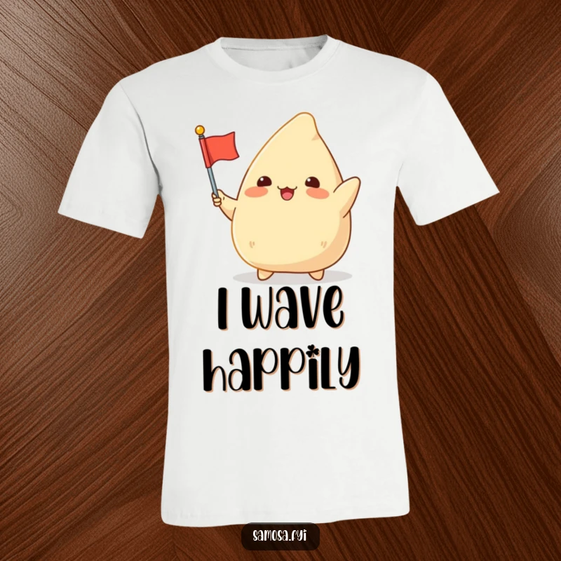Funny Samosa Flag T-Shirt: A plump, excited samosa character energetically waving a miniature flag, radiating pure, unadulterated celebration.