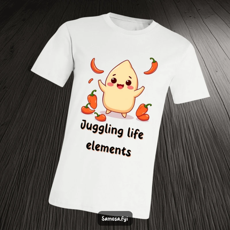 Funny t-shirt of a smiling samosa playfully juggling small chili peppers, showcasing a humorous and spicy culinary theme.