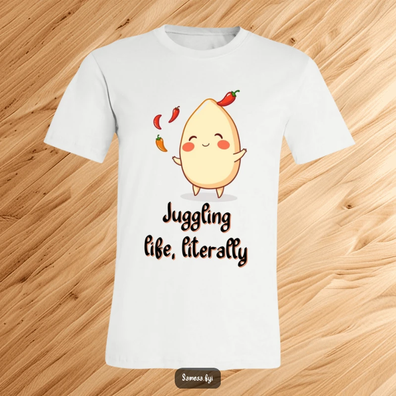 Funny Samosa T-Shirt: Smiling Indian snack character playfully juggling tiny red chili peppers, exuding joy and spicy fun.