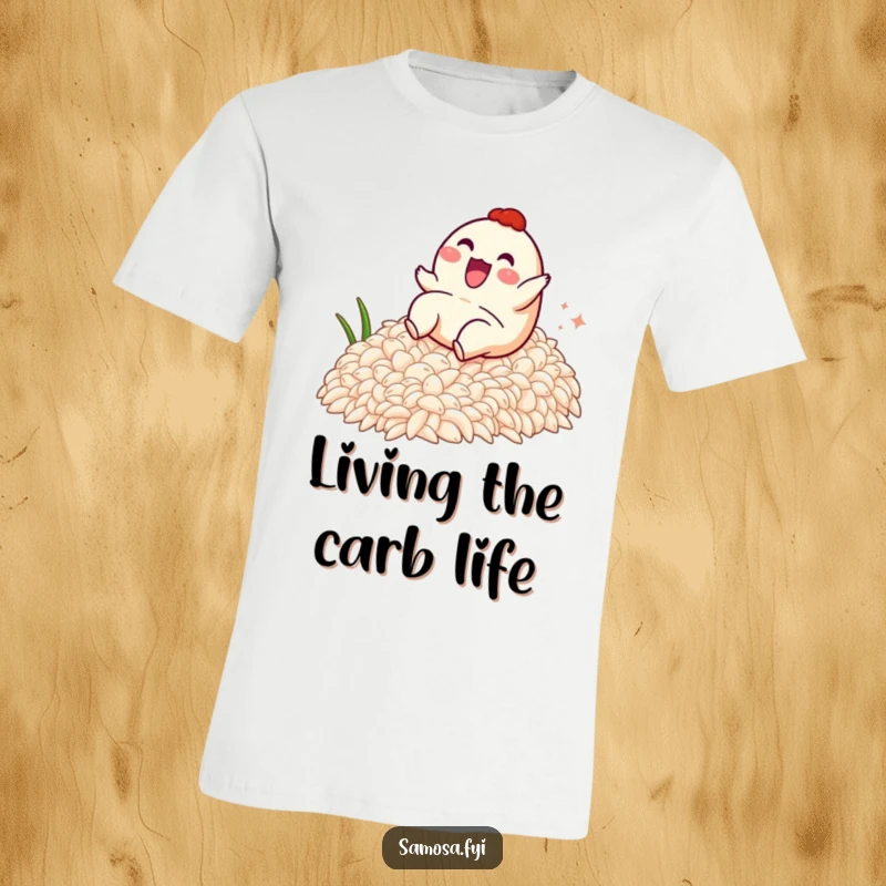 Funny t-shirt depicting a dynamic samosa character gleefully tobogganing down a mound of white rice with absolute delight.
