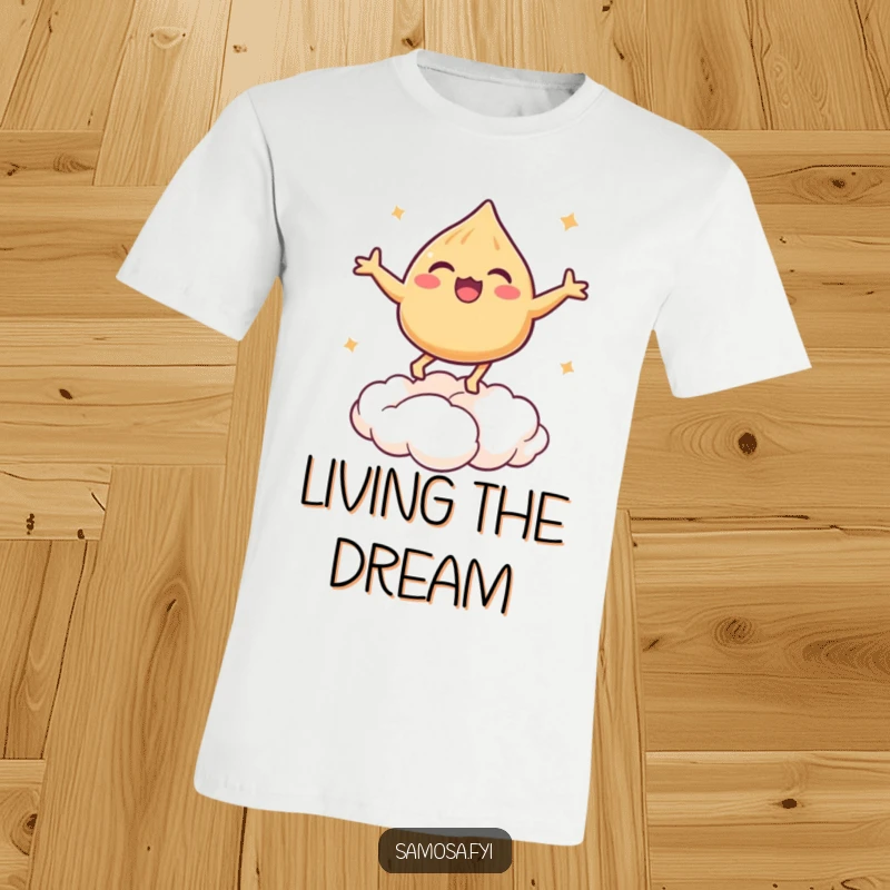 Funny t-shirt showing a happy samosa bouncing on a cloud made of puff pastry.