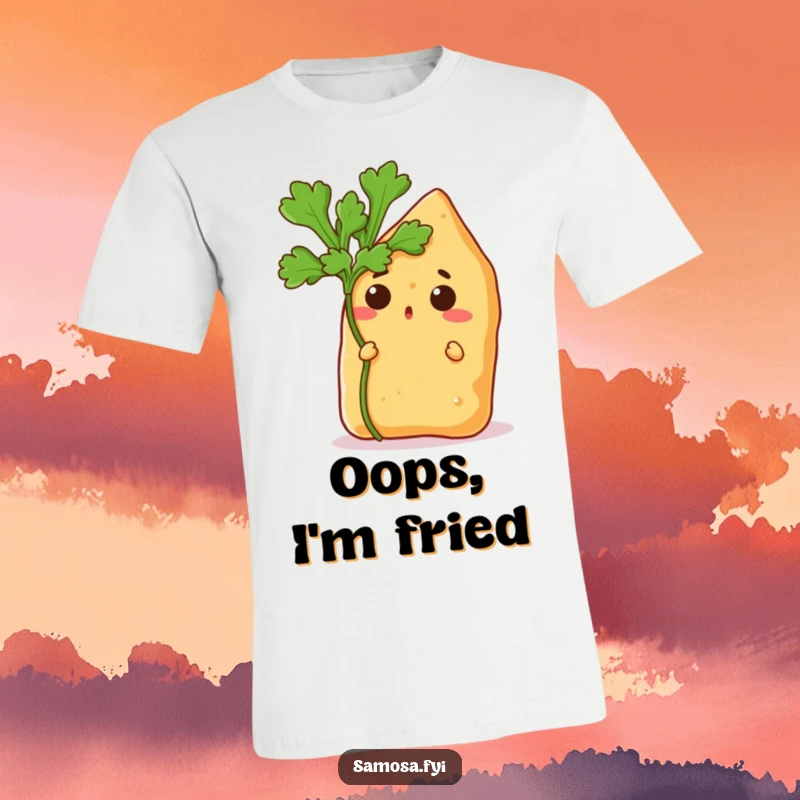Funny t-shirt with a wide-eyed samosa startlingly peeking from behind a vibrant coriander leaf, ready to be devoured.