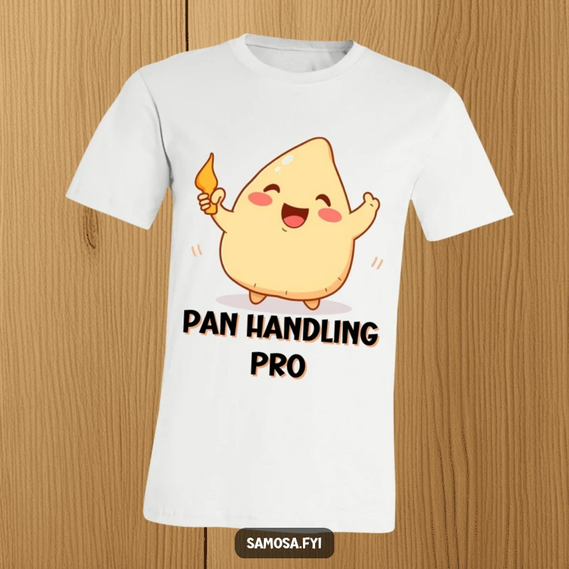 Funny Samosa T-Shirt: A humorous tee featuring a happy samosa excitedly waving a tiny frying pan, ready for culinary adventures.