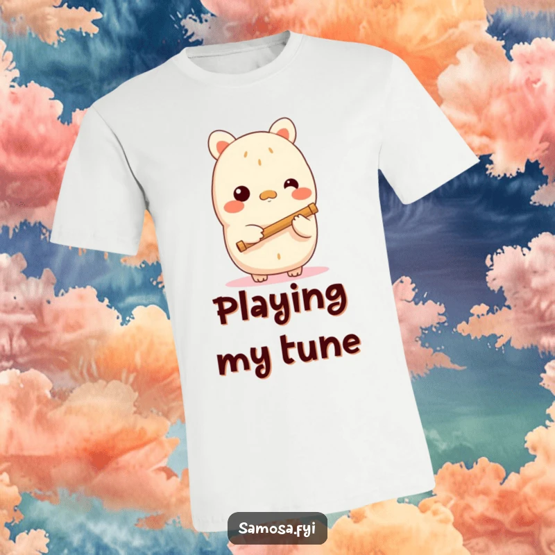 Funny samosa t-shirt depicting a shy samosa character holding a tiny flute, showcasing gentle musicality and a quiet sense of humor, an apparel gift.