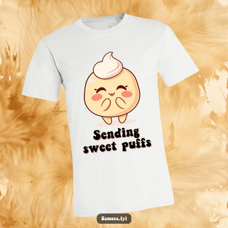 Adorable blushing pastry puff character puckering up to blow a kiss on a t-shirt, embodying cute charm.