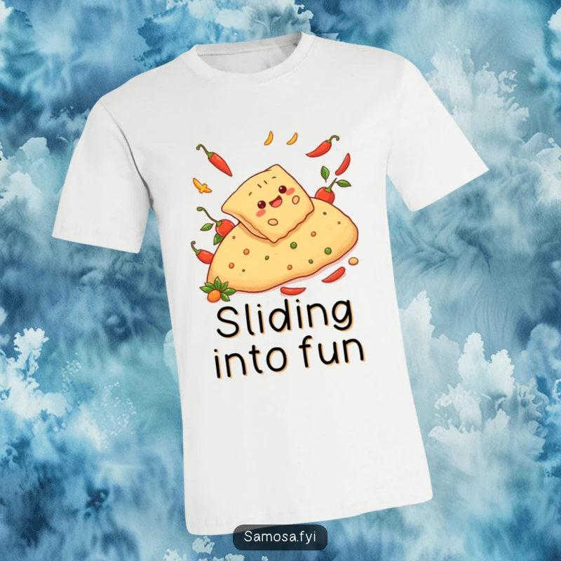 Funny t-shirt of a cheerful samosa sliding down a spicy pepper hill, showcasing a humorous and adventurous food theme.