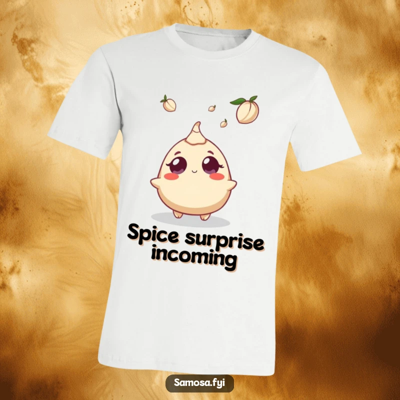 Funny t-shirt: a samosa character stares upwards with huge, surprised eyes as a cardamom pod descends towards it.