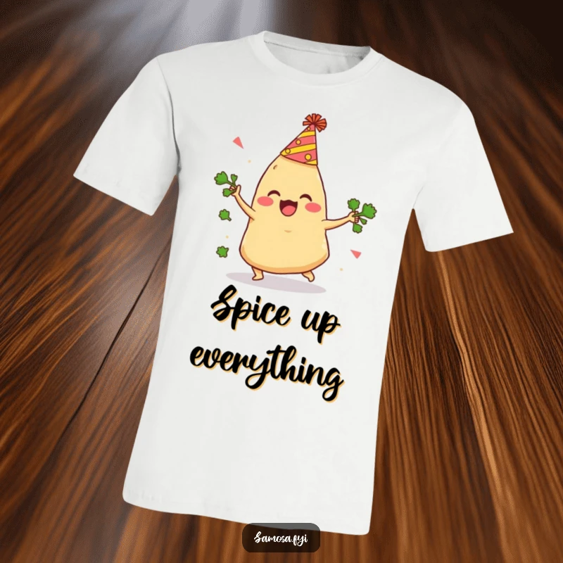 Funny Samosa T-Shirt shows a delighted samosa with a party hat comically tripping while juggling cilantro, perfect for humor enthusiasts.