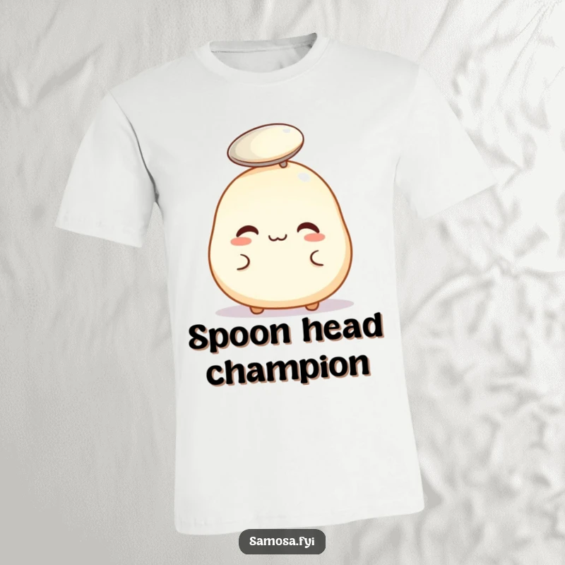 Funny t-shirt with a pastry puff attempting to balance a small spoon on its head, depicting focus and humor.