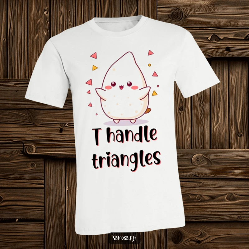 Funny Samosa T-Shirt depicting a skilled samosa character juggling small triangles, symbolizing impressive coordination and playful multi-tasking.
