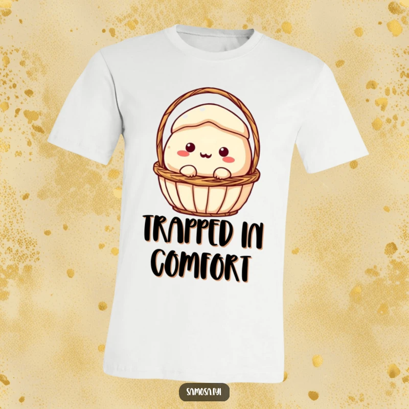 Funny T-Shirt: A samosa character comically jammed inside a small basket, conveying a humorous sense of being stuck.