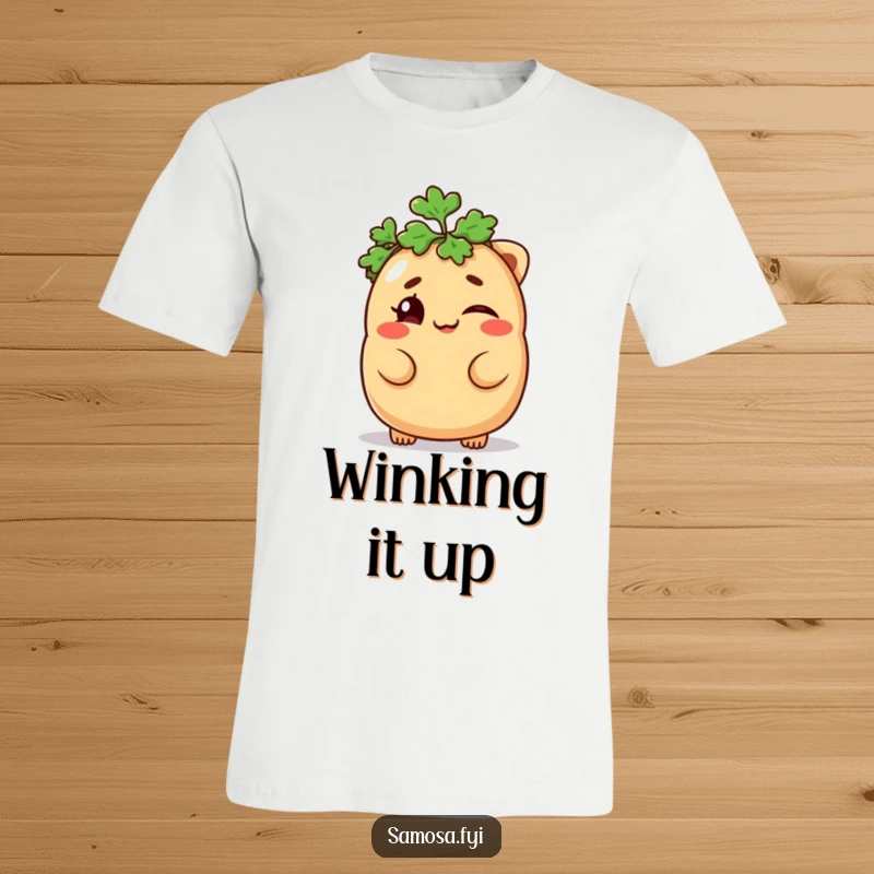 Funny Samosa T-Shirt featuring a mischievous samosa winking while wearing a parsley hat, a comical and funny gift.
